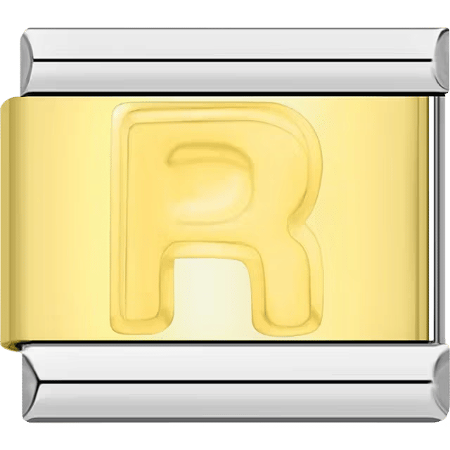 Gold Italian charm link with a raised letter "R" on a polished gold surface and silver edges.